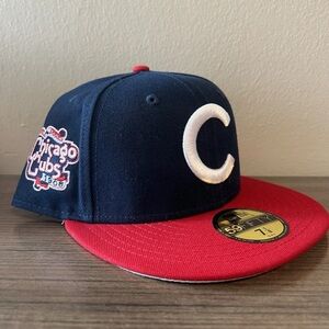 New Era 59Fifty Chicago Cubs Fitted Hat Blue Red Size 7 1/8 1908 WS Patch New